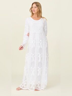 The White Lacie White Temple Boho Embroidered Sheer Maxi Wedding Dress XS